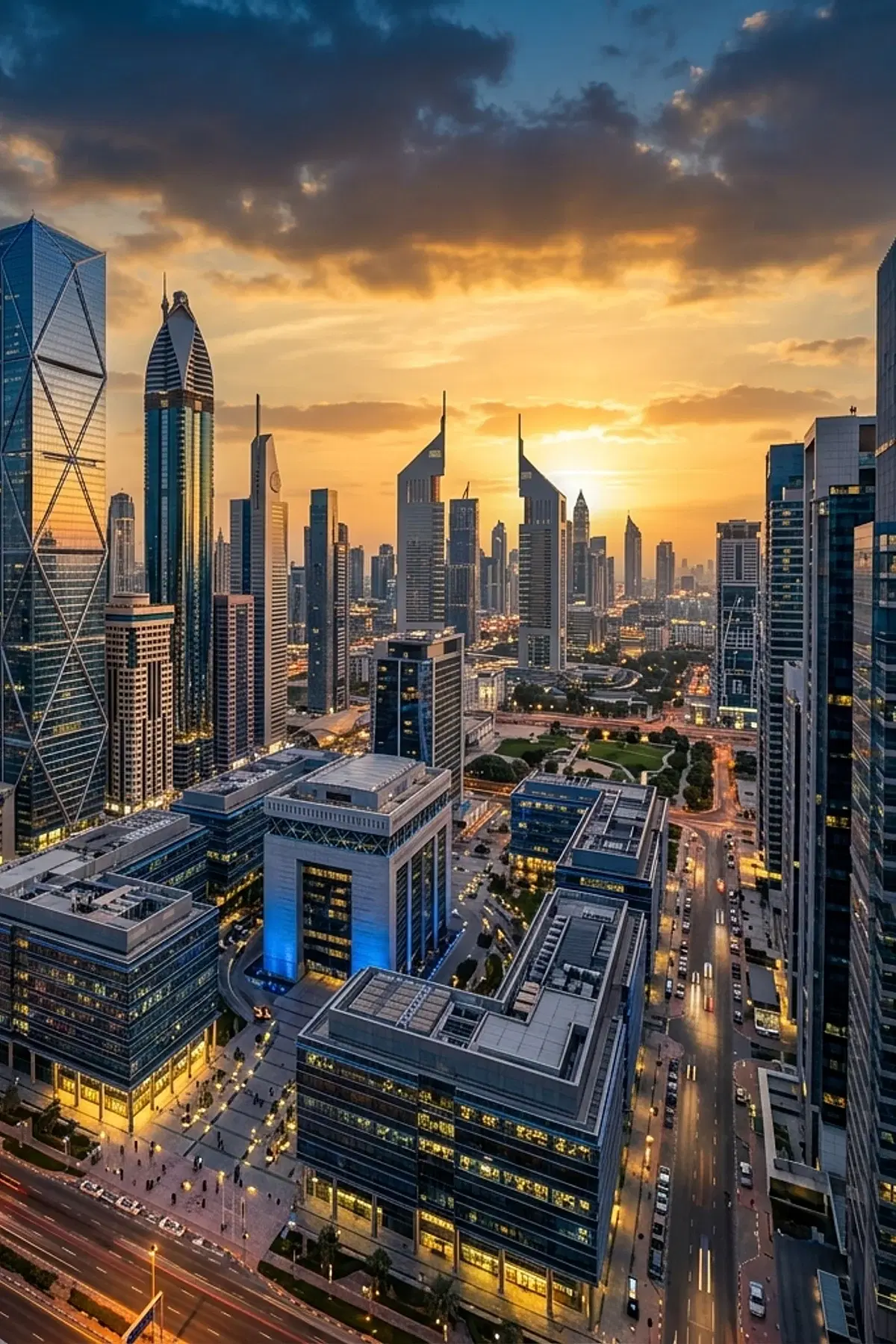 Dubai financial district at sunset